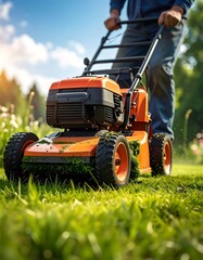 Obraz premium Person operating orange lawnmower on green grass. Bright sunlight shines from above, trees blurred in background