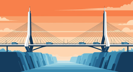 Fototapeta premium Modern Cable-Stayed Bridge Over River with Cars and City Skyline