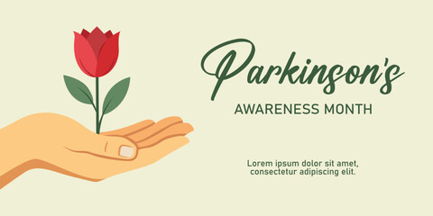 Fototapeta premium Parkinsons Awareness Month banner. flat illustration of a hand holding a red tulip. Clean concept symbolizing hope, support, and Parkinson’s awareness.
