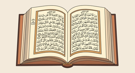 Obraz premium Open Holy Quran Book with Arabic Script, Islamic Sacred Text