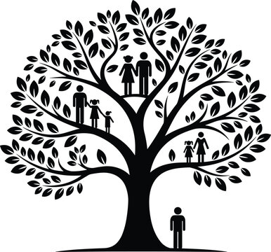 Family tree silhouette vector set, genealogy ancestry chart with people icons, life tree growth, unity community, heritage, lineage, relatives, roots.