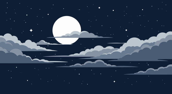 Pixel Art Night Sky with Full Moon, Clouds and Stars