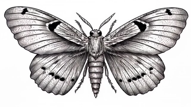 Detailed grayscale moth illustration with open wings and intricate patterns.