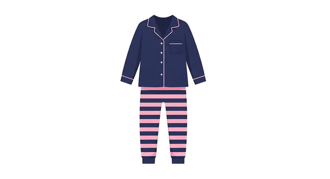 Blue and pink striped pajama set with button-up top isolated on transparent background