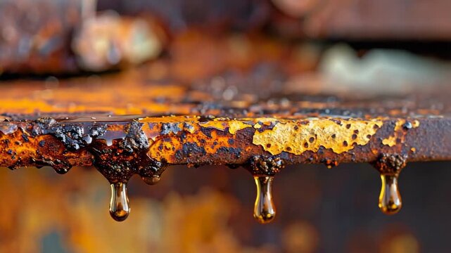 Close-up of rusty metal surface with dark liquid drops dripping