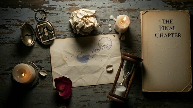 Vintage Still Life: The Final Chapter, Hourglass, Candle, Letter, Photo