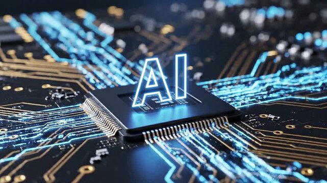 Futuristic artificial intelligence AI microchip on a circuit board with glowing digital lines