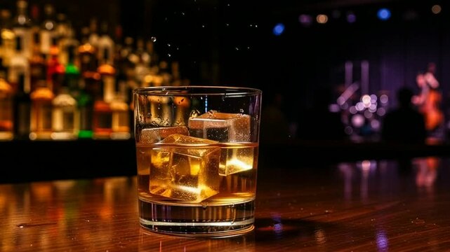 Whiskey on the rocks with ice splashing in a dimly lit bar, background music band