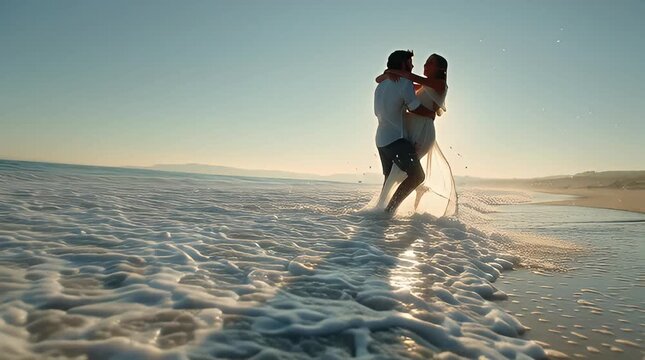 Romantic couple dancing barefoot on a sandy beach during a golden sunset with gentle waves washing ashore