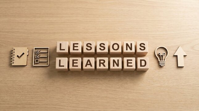 Wooden blocks spelling 'Lessons Learned' on desk. Lessons learned concept