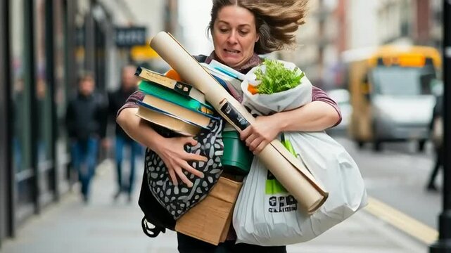 Woman struggling with too many shopping bags and books on city street