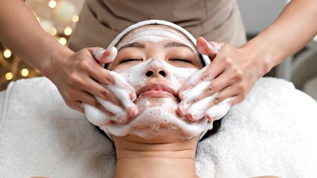 Spa day facial treatment with gentle massage on a serene woman's face in a peaceful environment