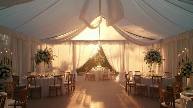 Beautiful wedding tent interior illuminated by warm sunset light, featuring flowing drapery, elegant table settings, and soft golden ambiance. Romantic luxury event setting with dreamy atmosphere.