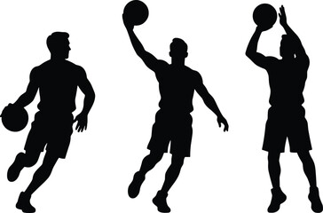 Basketball player silhouettes, dribbling action, jump shot pose, slam dunk movement, sports illustration, athletic figure, isolated vector design © Afsun