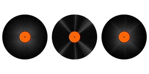 Set of vinyl records. LP or long play music plates for gramophone isolated on white background. DJ discs for techno party. 70s 80s 90s discotheque nostalgia concept. Vector flat illustration.