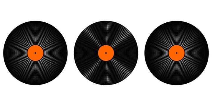 Set of vinyl records. LP or long play music plates for gramophone isolated on white background. DJ discs for techno party. 70s 80s 90s discotheque nostalgia concept. Vector flat illustration.