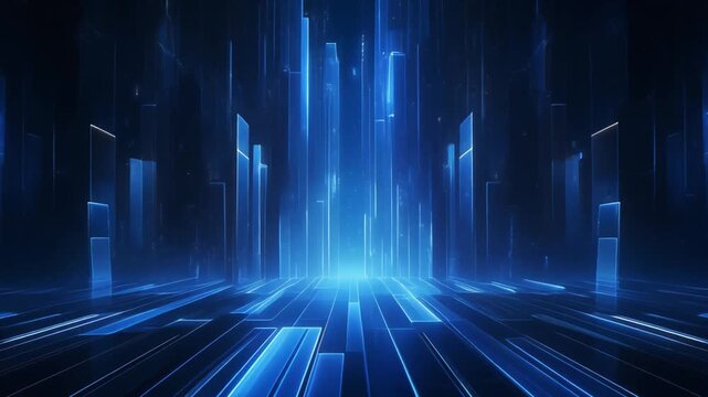 Dynamic view of radiant blue light hub with radiating lines and rectangles in a futuristic high‑tech environment, captured from a central perspective