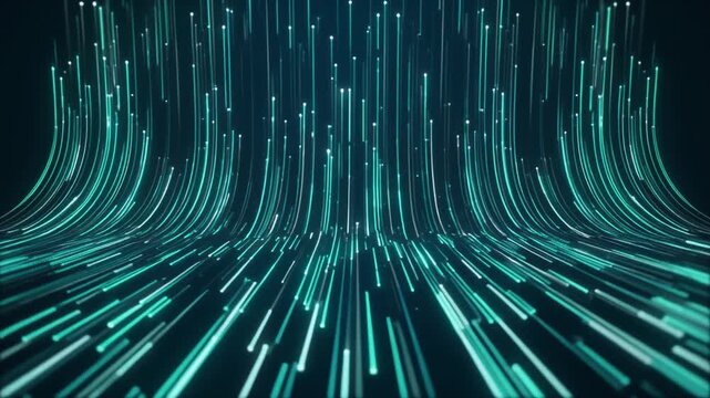 Dynamic neon tunnel with glowing blue‑green lines swirling in a vortex, viewed from a forward perspective in a futuristic digital environment