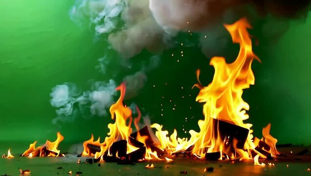 Intense fire with thick smoke against green background