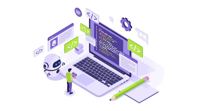 a software developer coding with an ai chatbot on a laptop in an isometric digital workspace illustrating programming and web development.