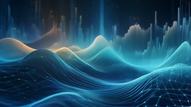 Exploring a Futuristic Blue Landscape with Wavy Lines, Grid Pattern, and Vertical Bars from a Panoramic Perspective