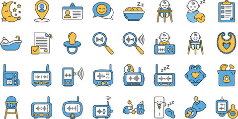 Baby Care and Parenting Icon Set Featuring Feeding Bottles, Sleep Routine, Baby Monitor, Pacifier, Bath Time, and Child Healthcare Symbols