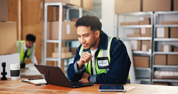Reading, laptop and man in warehouse, distribution and email for inventory management. Online schedule, logistics and happy person in factory, pc and website info for supply chain, import and backlog