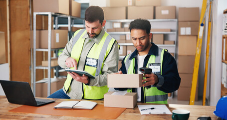 Boxes, scanner and men in warehouse, tablet and barcode for export, logistics and supply chain....