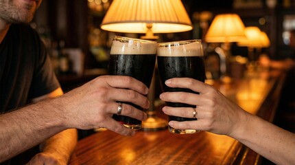 Couple toasting with glasses of dark beer in cozy pub