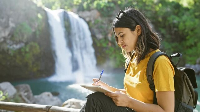 Young woman journaling by a stunning waterfall in a serene natural setting