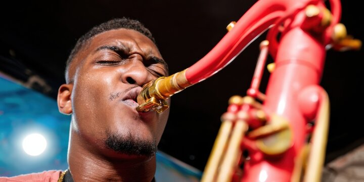 Young Black Musician Playing an Orange Saxophone During a Jazz Performance in a Studio Setting for Concert Poster Design and Musical Entertainment Marketing