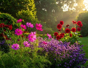 Naklejka premium Lush, sunny garden filled with blooming pink, red, and purple flowers bathed in soft sunlight