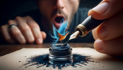 An ink blot transforming into a watercolor bird, Ai generated image