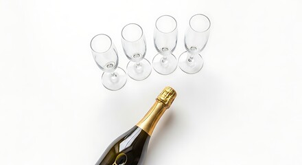 Champagne Bottle with Empty Glasses on White.