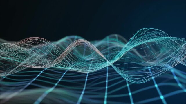 Dynamic 3D wave of glow lines traversing a luminous grid in a dark space, captured from a perspective for a vivid scientific visualization