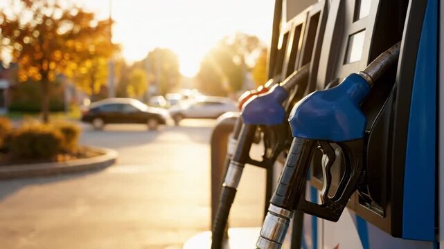 Close-up of a vehicle being refueled at a gas station during sunset with lush trees in the background