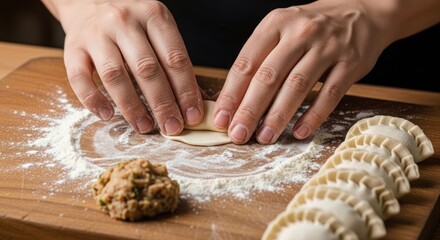 Hands making dumplings, close up on wooden board with flour and dough