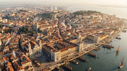 Fototapeta premium Stunning aerial panorama of Lisbon, Portugal, at golden hour, showcasing its iconic historic architecture, vibrant riverfront, and bustling city life under a warm, glowing sky