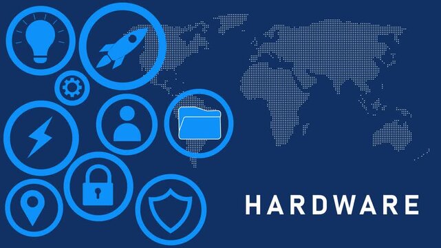 Digital hardware and technology concept with a map and various on a dark blue background symbolizing global infrastructure and components