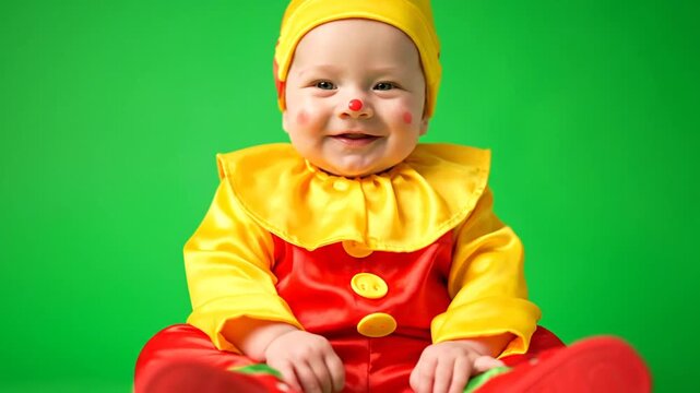 Adorable Baby Clown Smiling Joyfully in Vibrant Red and Yellow Costume Against a Bright Green Screen
