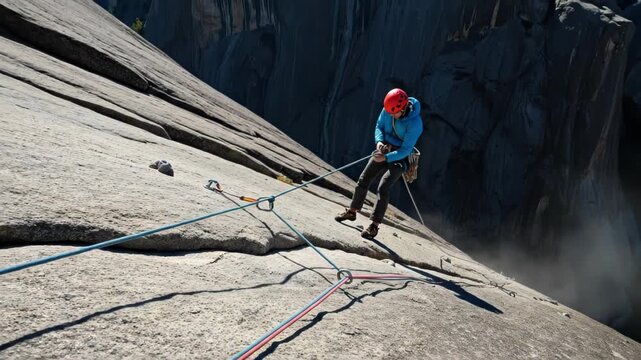 A person rappelling down a steep granite rock face during a climbing adventure.