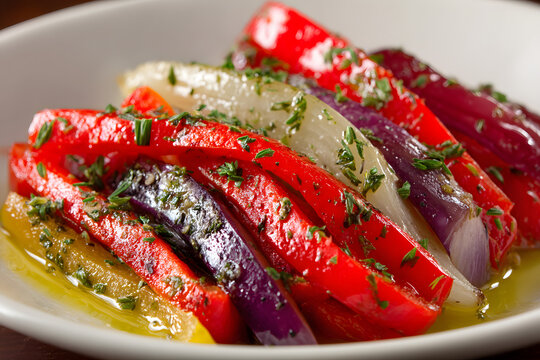 Colorful Strips of Escalivada Served on Isolated White Plate with Fresh Herbs and Olive Oil Drizzle