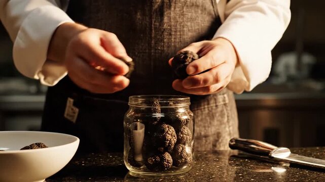 A person preparing ingredients in a kitchen, focusing on a jar of truffles on a granite countertop with kitchen utensils nearby.