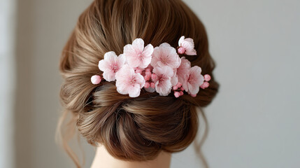 Naklejka premium Rear view of elegant brown hairstyle with gentle pink cherry blossom hairpiece styling romantic bridal updo or floral bun for wedding