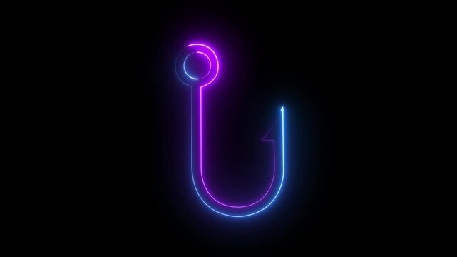 Glowing neon Fishing hook icon isolated on black background. Fishing tackle. Concept of fishing hooks being lowered into the sea. 4k video motion ,graphic animation.