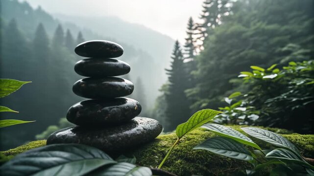 Stacked stones create a sense of harmony against a backdrop of a lush forest, embodying tranquility and balance