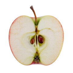 A halved apple with a brown core on a black background