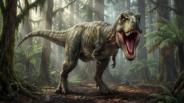 Dramatic T Rex Roaring with Open Mouth in Jungle Illustration