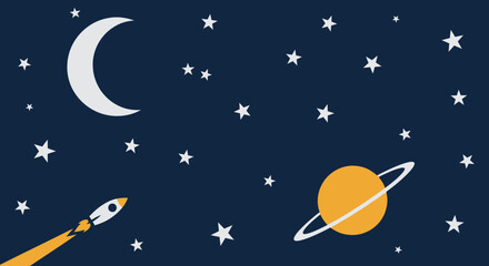 Rocket Launching into Starry Night Sky with Moon and Saturn © jas