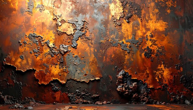 Close-up of decaying wall with peeling paint, showing layers of rust and textures in orange and black